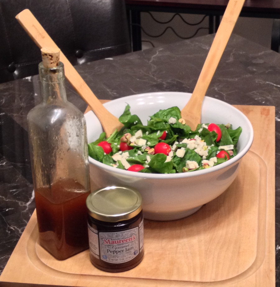 Spinach Salad with Gorgonzola, Pistachios, and Pepper Jam Vinaigrette